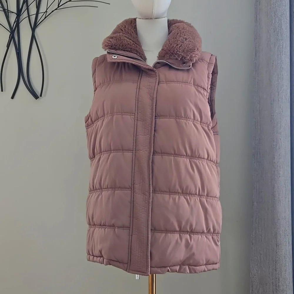 Calvin Klein Rose Brown/Brown Faux Fur Trim Puffer Vest - Large